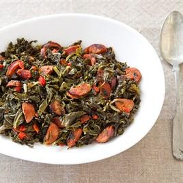 Braised Hearty Greens with Chorizo and Pimentos
