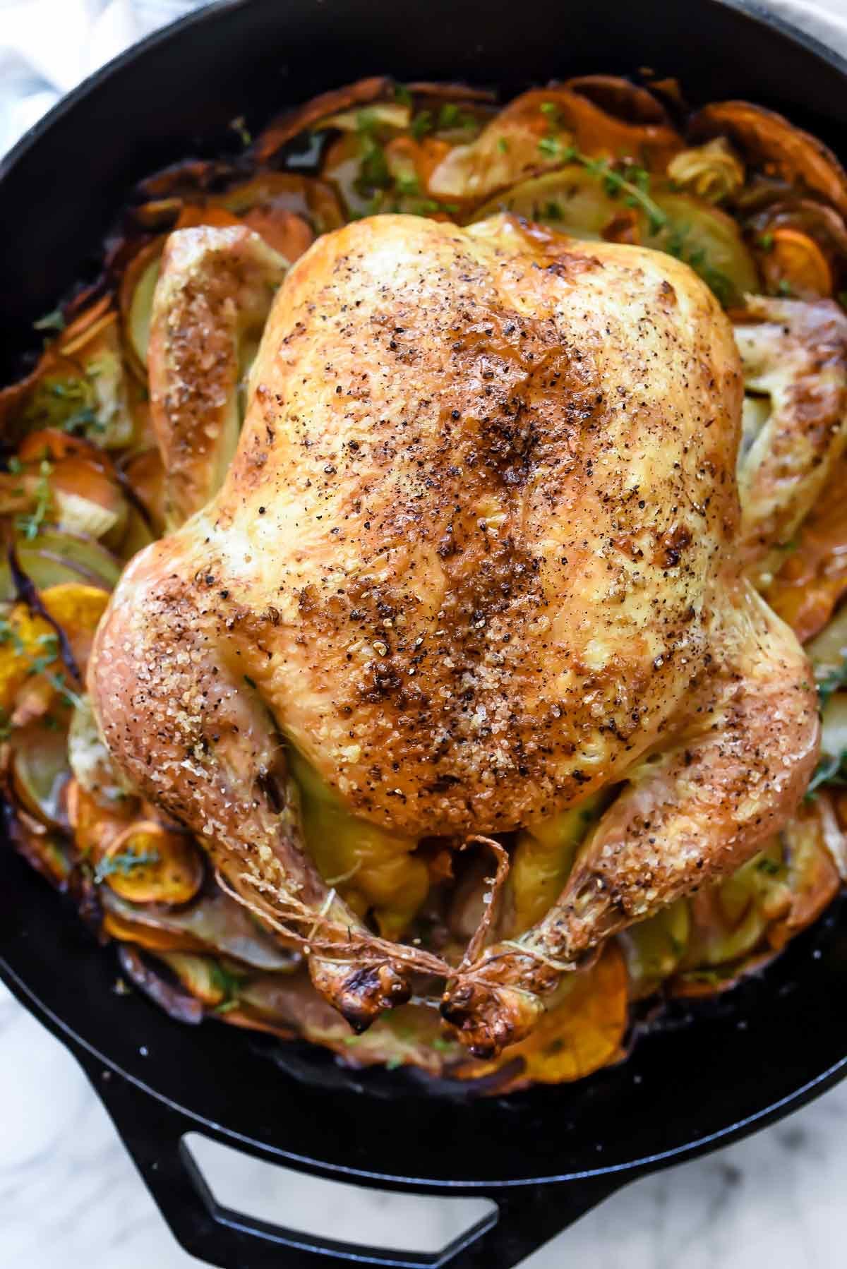 Cast-Iron Skillet Whole Roasted Chicken With Potatoes
