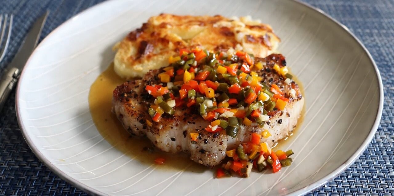 Peppercorn Pork Chops with Warm Pickled Pepper Relish
