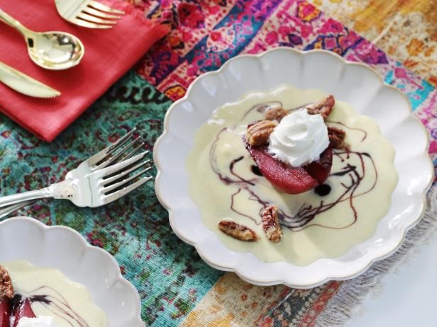 Red Wine Poached Pears with Vanilla Bean Custard
