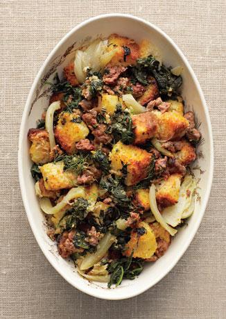 Spinach, Fennel, and Sausage Stuffing with Toasted Brioche

